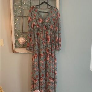 Floral Maxi Dress in Greenish blue with pretty pink and red accent color